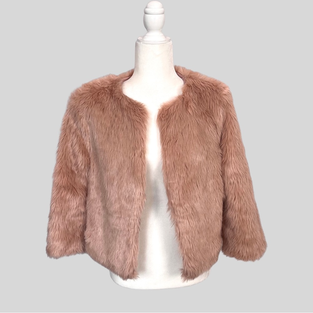 Blush light pink faux fur jacket coat winter fall holiday  party cocktail Xmas